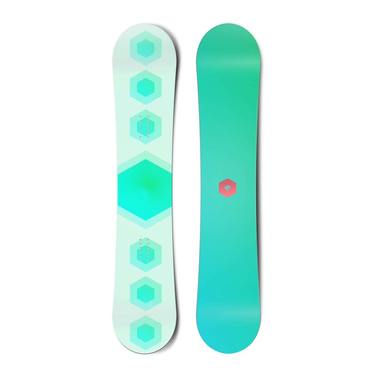 Top and bottom view of a snowboard. The top view shows 7 stacked hexagons and the bottom view shows
a small, centred hexagonal logo for Hydrogen.